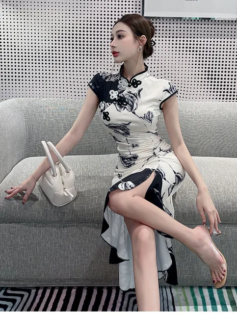 Cheongsam Tradizionale Cinese - Abito Elegante Con Spacco E Colletto Coreano