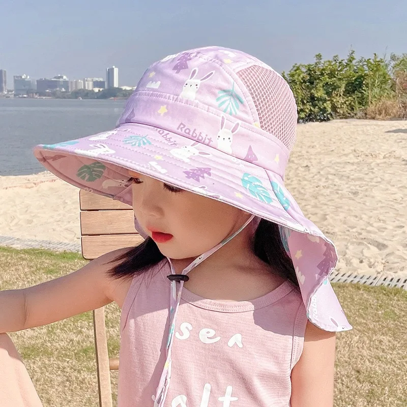 Summer Children UV Protection Shawl Hat Print Kids Large Brim Sunshade Visor 2-10Year Boy Girl Baby Quick Dry Mesh Fisherman Cap 1