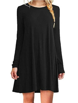 Women's wide pleated long-sleeved swing dress casual crewneck solid color women's dresses autumn winter 1