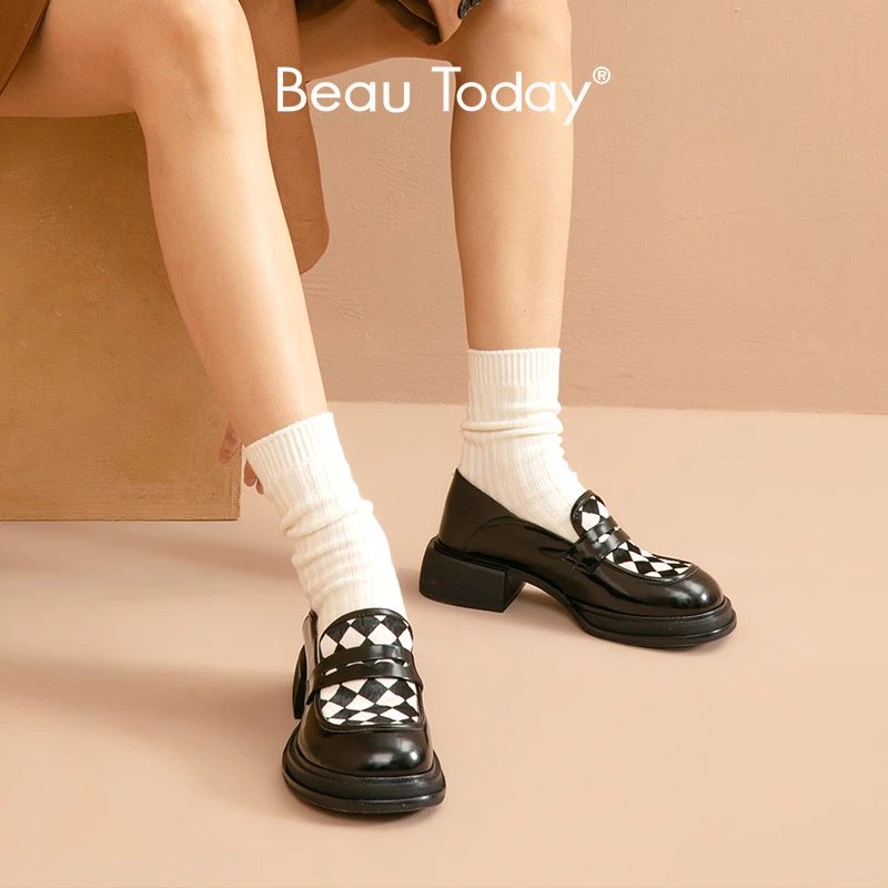 Beautoday Checkered Loafers Women Cow Leather Horse Hair Mixed Colors Round  Toe Retro Ladies Block Heel Shoes Handmade 26518 - Flats - AliExpress
