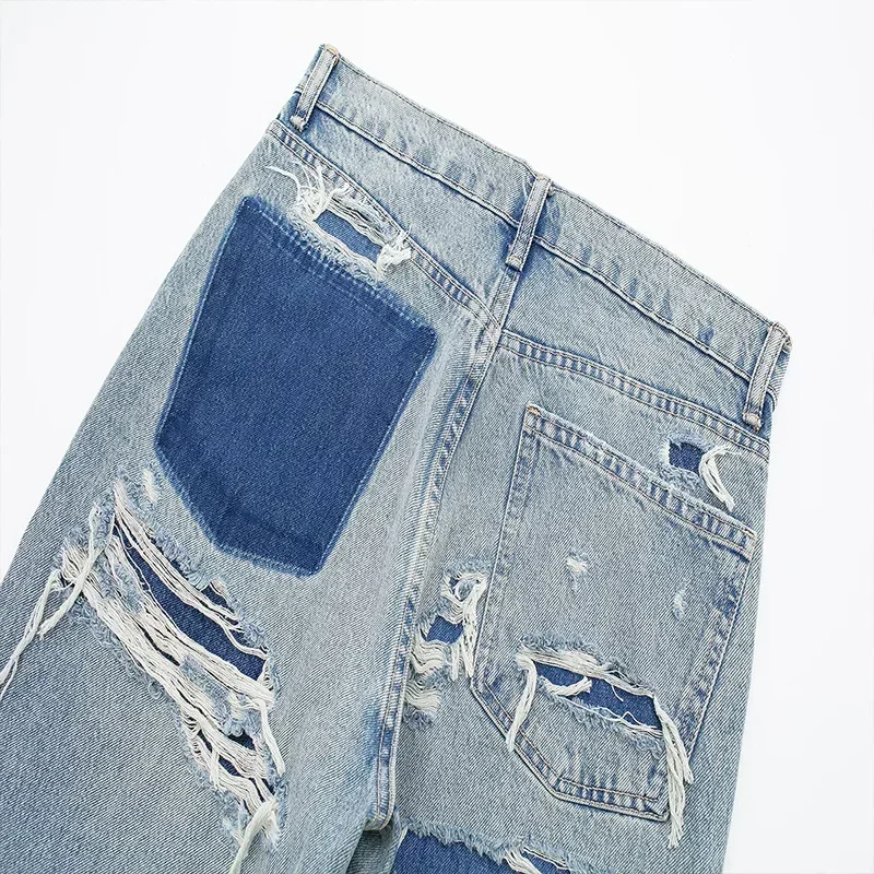 Women's Fashion Jeans Solid Colour Loose Trousers Gradient Colour Casual Streetwear Pant Broken Holes Decorated Jeans 3