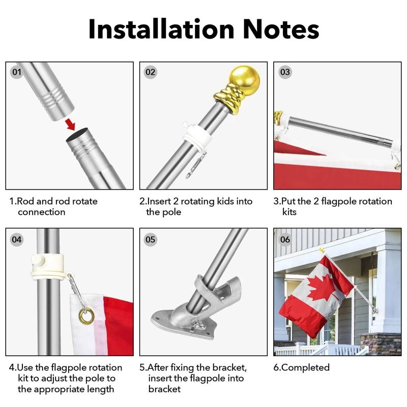 Stainless Steel Spinning Flag Pole 1.8m Kit Combination Wall Mount Set for Indoor Outdoor Garden Yard Decoration Flagpole