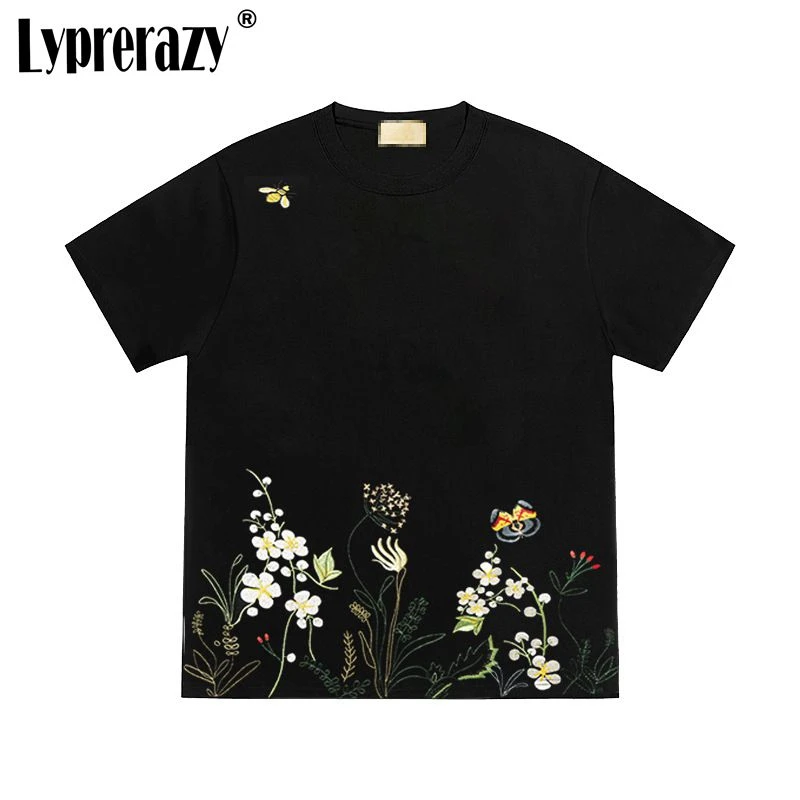

Lyprerazy Men Embroidery Cotton Short-sleeved T-shirt Summer Loose Cusual Couple Tops Tees