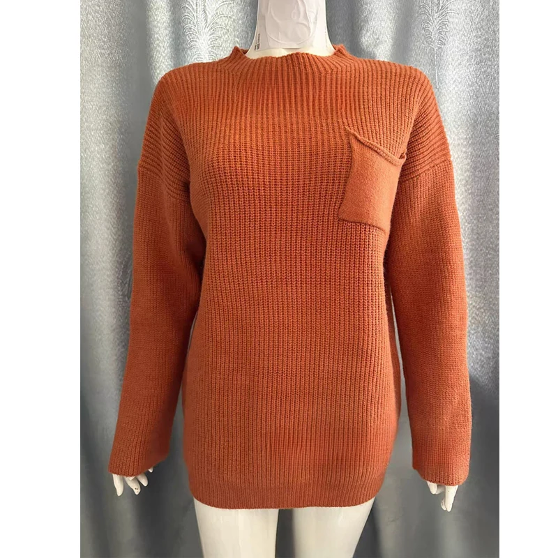 Elegant Autumn and Winter 2025 New Women's O Neck Long Sleeve Solid Color Sweater Casual Knitwear Solid Color Top with Pockets