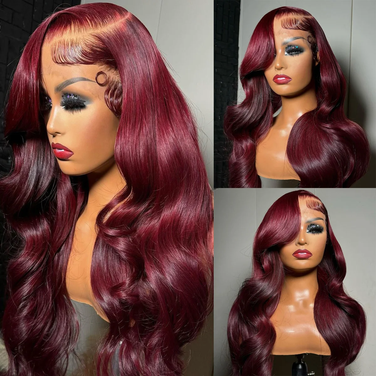 

Body Wave 13X4 Transparent Lace Frontal Wigs 180% 99J Burgundy HD Lace Front Human Hair Wigs Melt All Skins Pre Plucked Red Wig