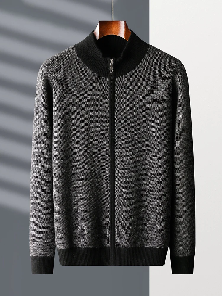 Autumn Winter Thick Men Sweater 100% Cashmere Long Sleeve Mock-neck Zipper Cardigan Soft Warm Large Size Knitwear Men Clothing 2