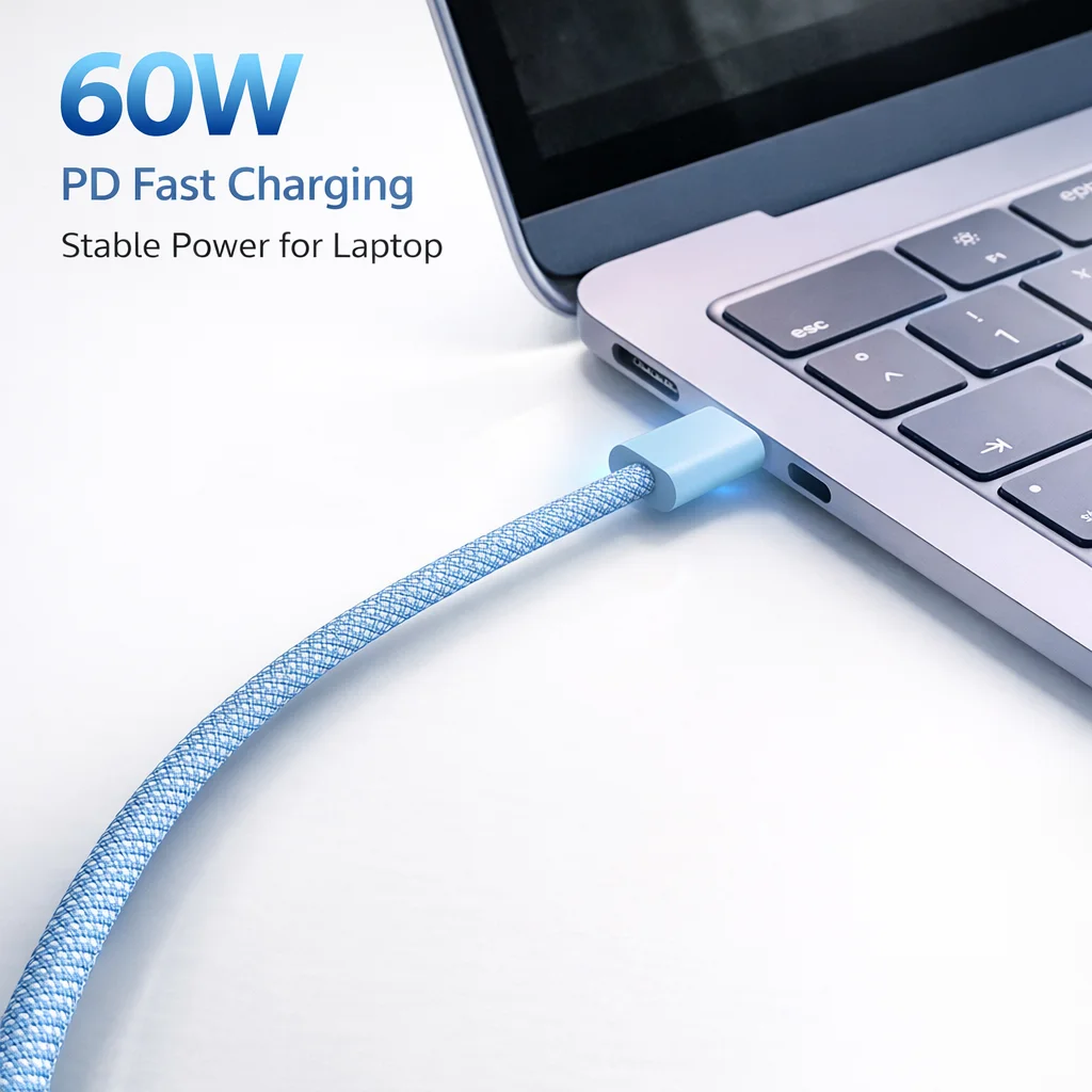 Ice Blue 60W Fast Charging USB-C Cable | Braided Nylon Type-C to Type-C Cord