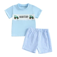 Baby Clothing Boy Summer Outfit Tractor Letter Embroidery Short Sleeve Tops Plaid Elastic Waist Shorts 2 Piece Set 1