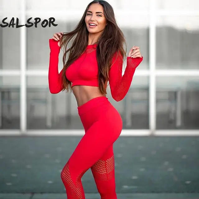 SALSPOR Yoga Set Women Sport Suit Gym Clothes 2 Piece Seamless Hollow Out Fitness Long Sleeve Top High Waist Workout Leggings 1