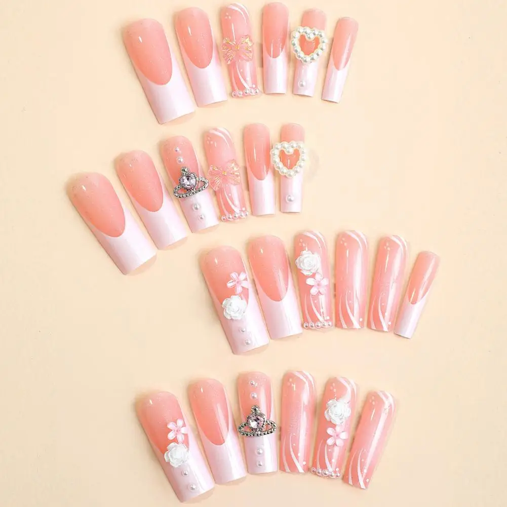 

European American Style Nails Extra-long Fake Nails Charming Bow Designs 24pcs Extra Long Rhinestone False Nails for Women