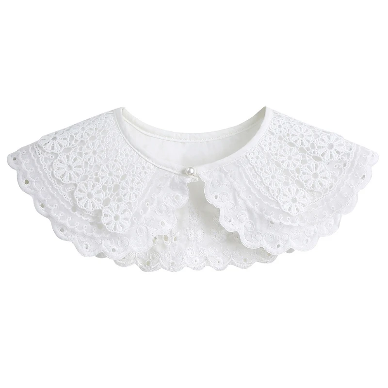 

Wavy Brim Fake Collar Embroidered Lace False Collars Layered Detachable Collar Pearl Button Closure Trendy Adornment