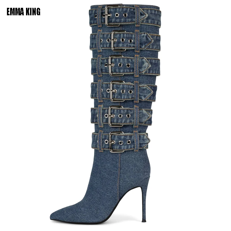 

Spring Women Light Blue Denim Jeans Sliver Belt Buckles Boots Surround Pointed Toe Thin Heels Knee High Boots Slim Long Boots 44