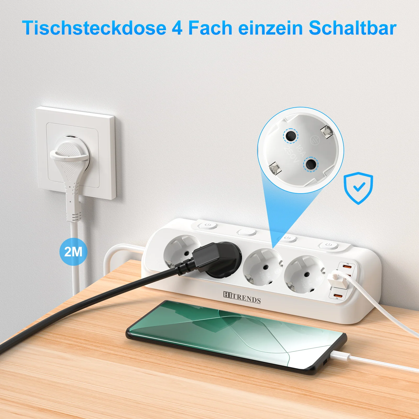 Eu Plug Multi-Function Power Board 2 USB-A and 2 USB-C Fast Charging Power Adapters 2 m Extension Cord Independent Switch White - 5
