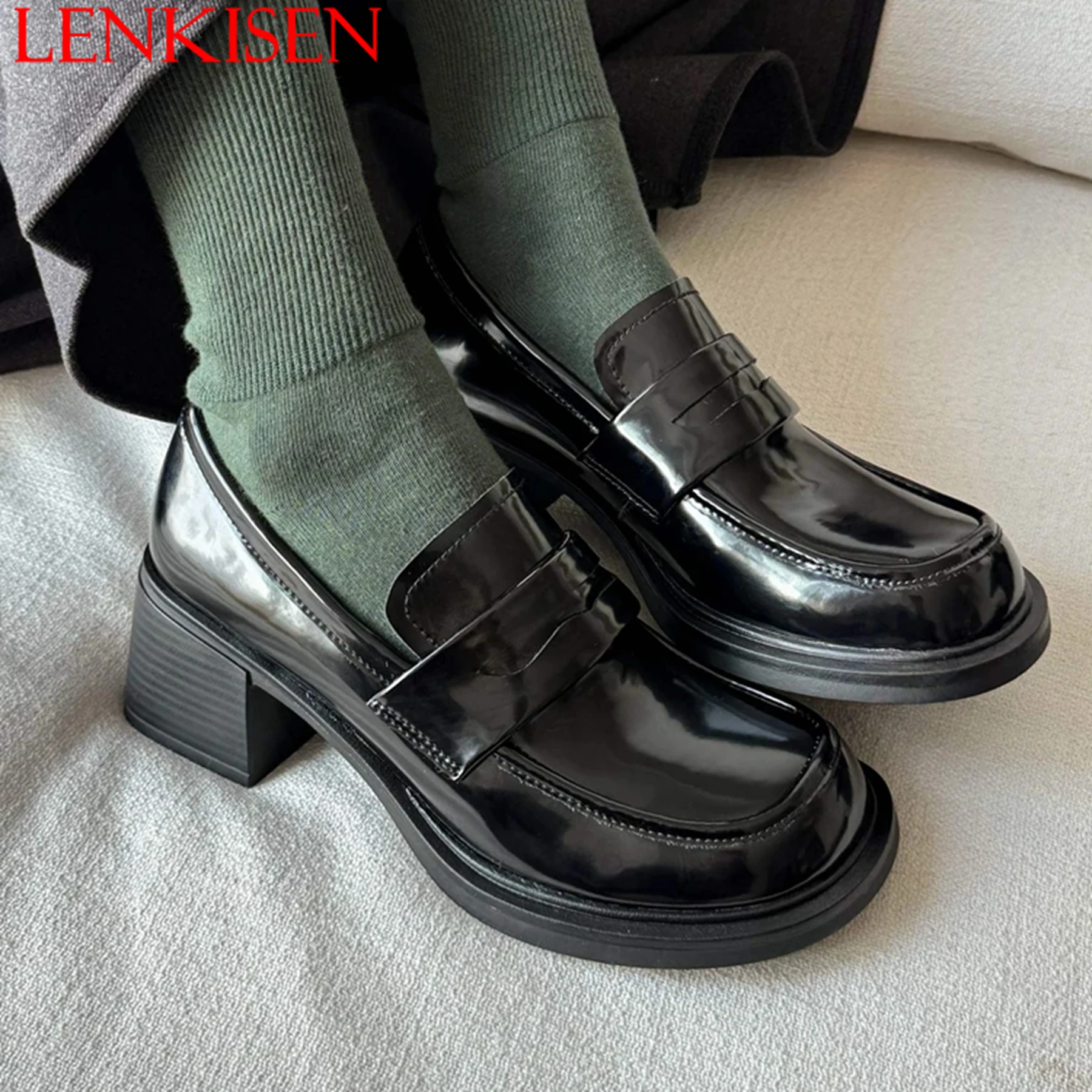 

Lenkisen 2024 New Genuine Leather High Heels Vintage Spring Oxford Shoes Slip On Loafers Preppy Style Concise Brand Women Pumps