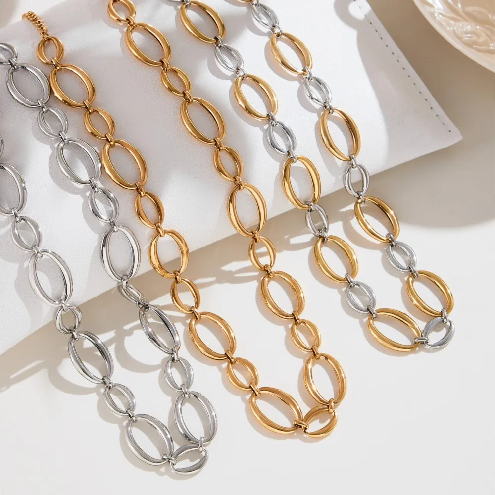 Elegant Two-Tone Stainless Steel Necklace and Bracelet Set - 18k Gold Plated Chunky Chain Jewelry