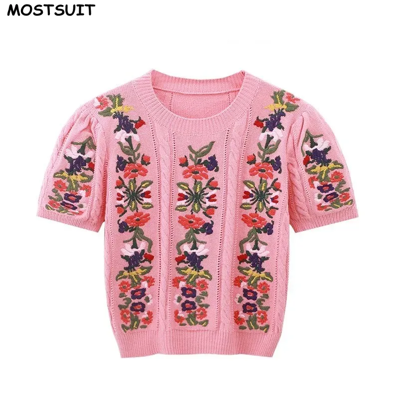 

Vintage Embroidered Knitted Sweater Tshirt Women Summer Puff Sleeve O-neck Tops Jumpers Stylish Fashion Elegant Ladies Knitwear