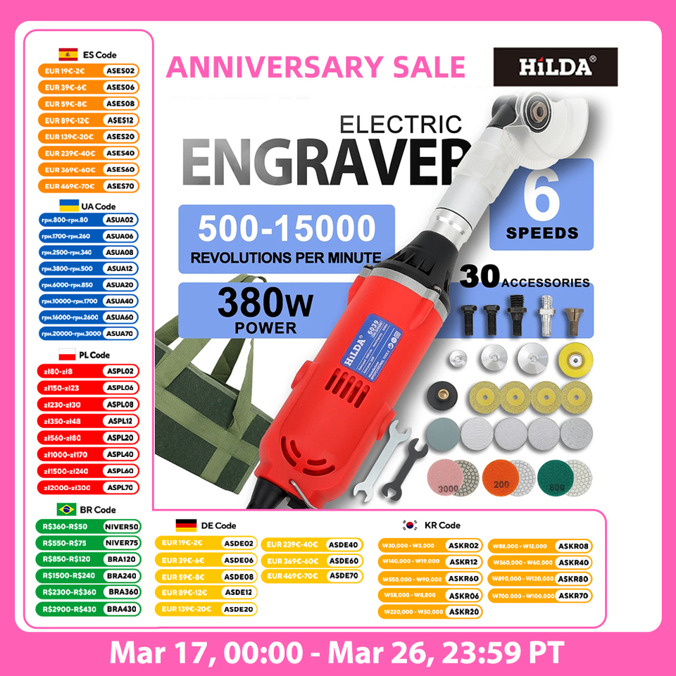 HILDA Ceramic Tile Beauty Sewing Tool 380W Electric Straight Grinder 6 Variable Speeds Cleaning Machine Grinder Sander Polisher