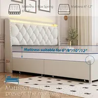 Queen Size Bed Frame with 4 Drawers & Storage Headboard, Upholstered Platform Bed with LED Lights & Charging Station, Beige 2