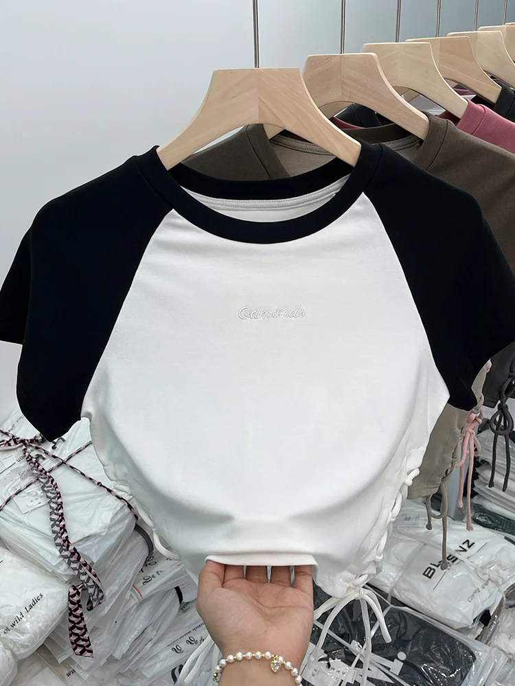 

Women's Patchwork Short Sleeve T-shirt 2023 Funny Crop Top Trend Korean Harajuku Grunge Vintage 90s Baby Tee Top Summer Clothes