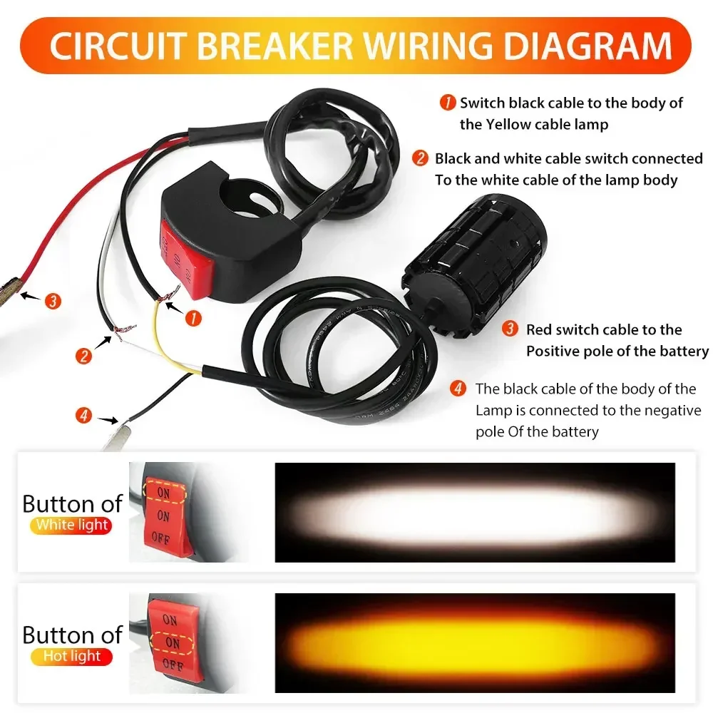 Dual Color Motorcycle LED Headlight with Switch 12V Auxiliary Spotlight Lamp Mini Projector Universal Driving Light