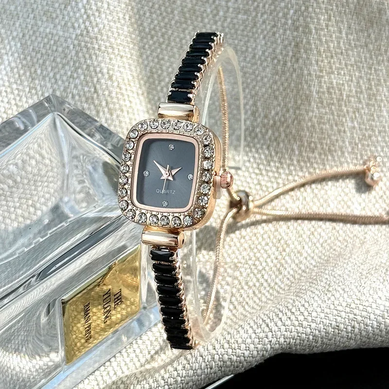women's inlaid zircon flexible pull out bracelet with diamond square alloy case rhinestone scale simple dial quartz watch