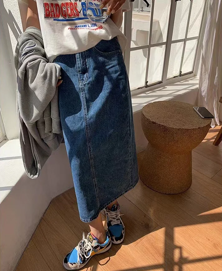 Maternity Skirt For Pregnant Women Denim Cotton Side Slit Medium Length Slimming Outerwear For Summer Spring Autumn
