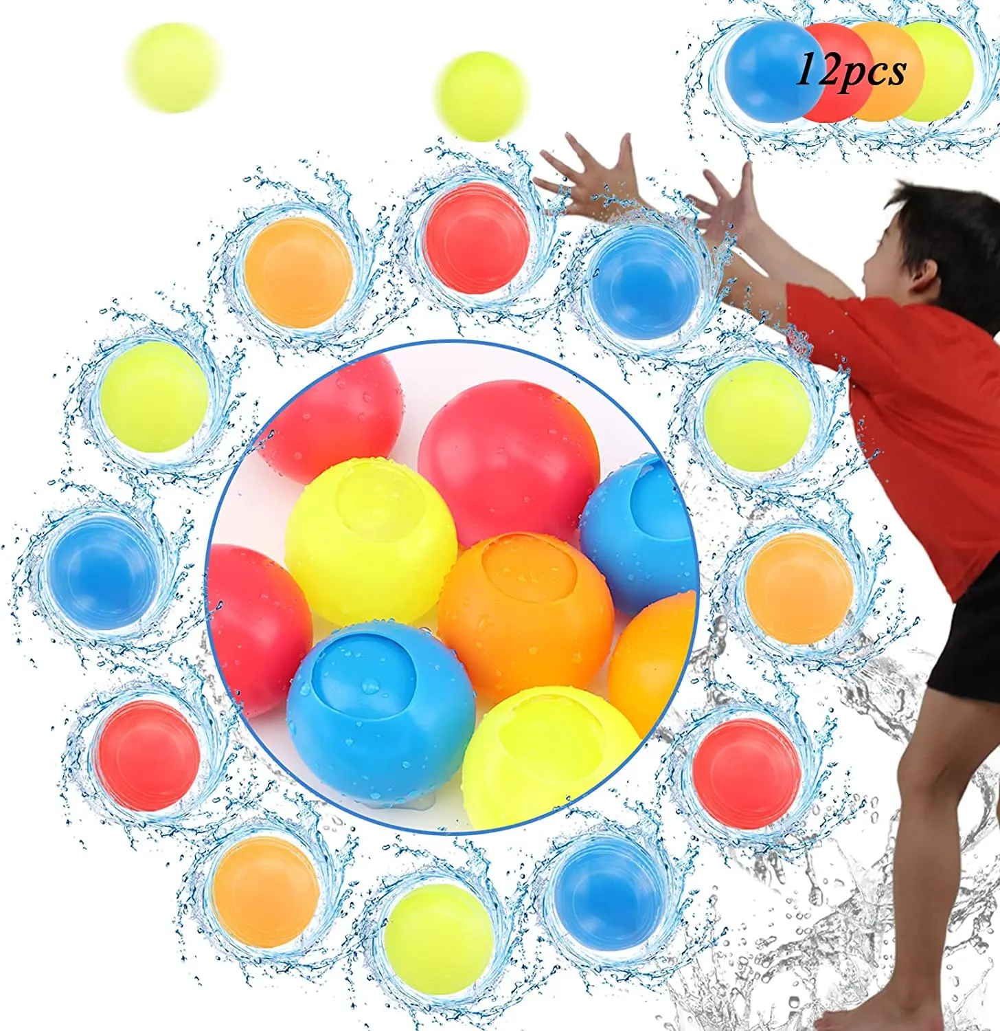 12 Pack Reusable Water Balloons Self Sealing Quick Fill Water bomb Splash Ball Toys Party Supplies for Summer Outdoor Pool Party