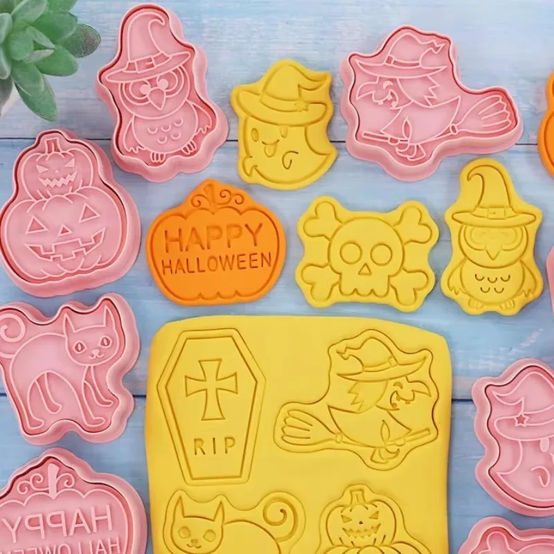 Halloween Cookies Cutters Cartoon Pumpkin Pressable Biscuit Mold Plastic Confectionery Fondant Cookie Stamp Baking Pastry Tools