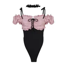  Y2k Sweet Black Pink One Piece Top Bow Folds Short Sleeves Shoulder Strap Neck Loop Slim Sexy Pure Desire Women Korean Fashion 