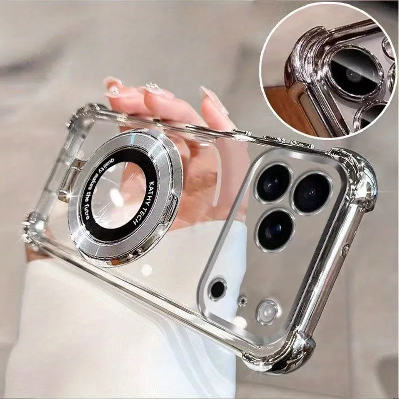Premium Transparent Magnetic TPU Cover with Ring Stand and Plated Clear Design