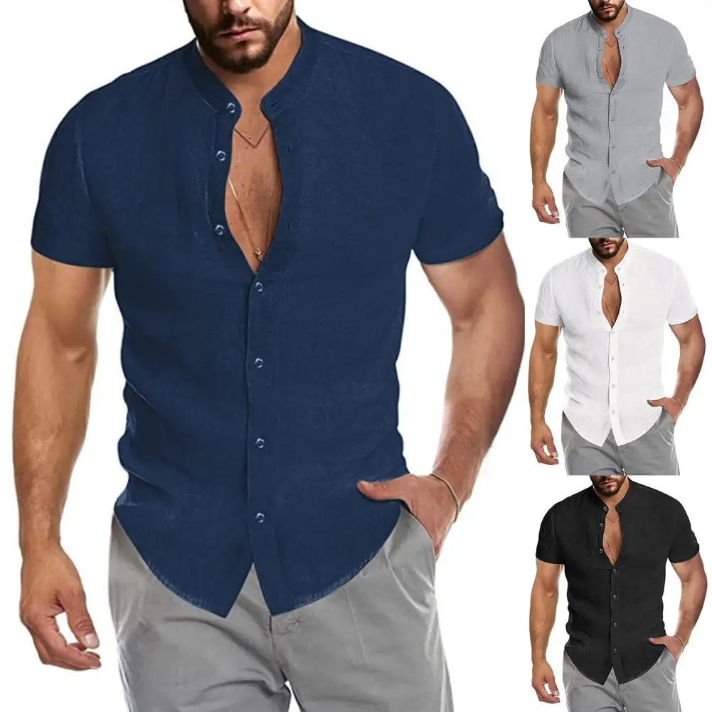 

Classic Beach Shirt Buttons Closure Comfy Solid Color Slim Fit Male Shirt Simple Casual Shirt for Beach