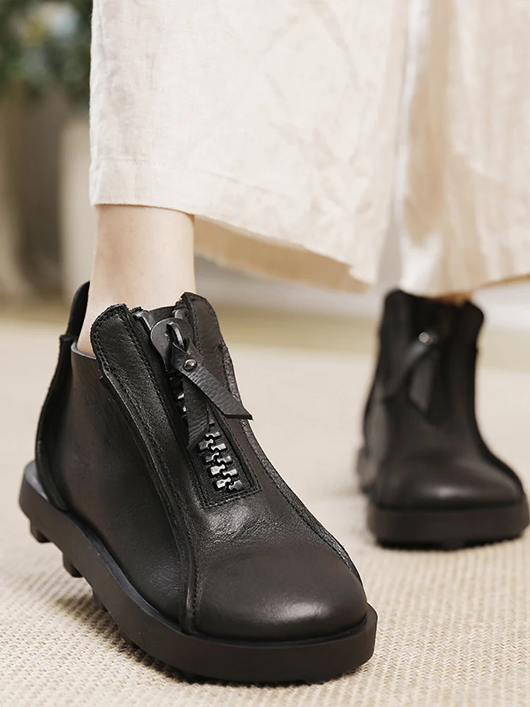 

Birkuir Retro Thick Heel Boots For Women Zippers Genuine Leather Flat Platform Shoes Luxury Black Boots Soft Soles Short Boots