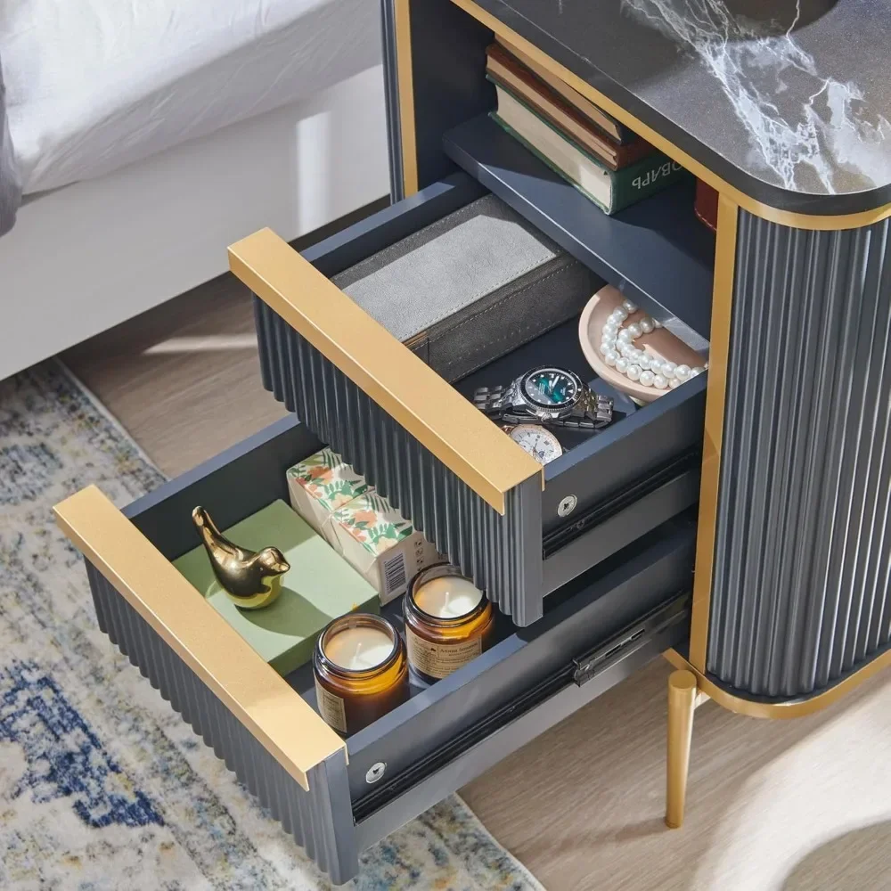 Fluted Nightstand, End Table with Gold Accents, Wood Night Stand with Charging Station, Side Table for Bedroom, Living Room 5