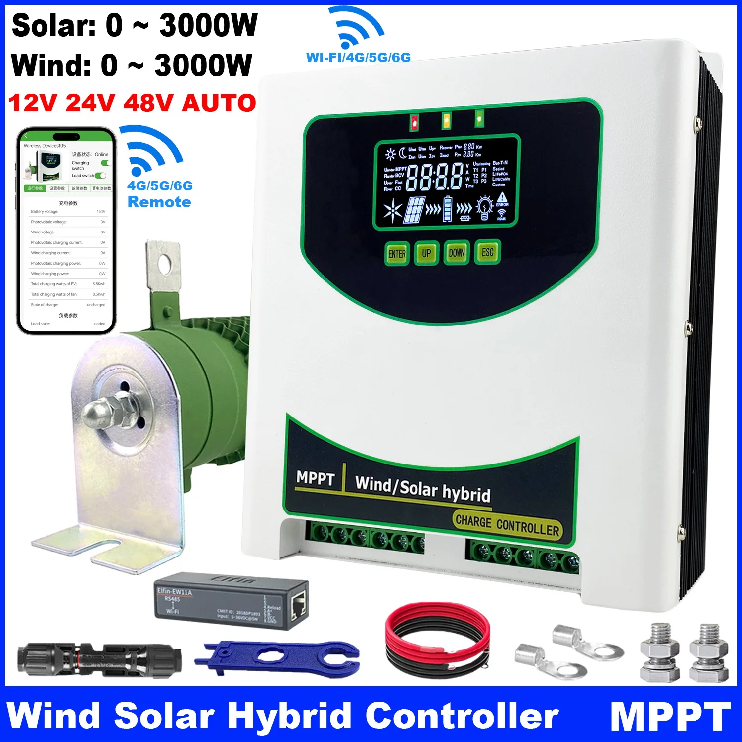 5000W MPPT ลมพลังงานแสงอาทิตย์ HYBRID Charge Controller 12 24 48V 80A 120A จอแสดงผล LCD WiFi Monitor สําหรับ Lifepo4 แบตเตอรี่ลิเธียมแบตเตอรี่ 1
