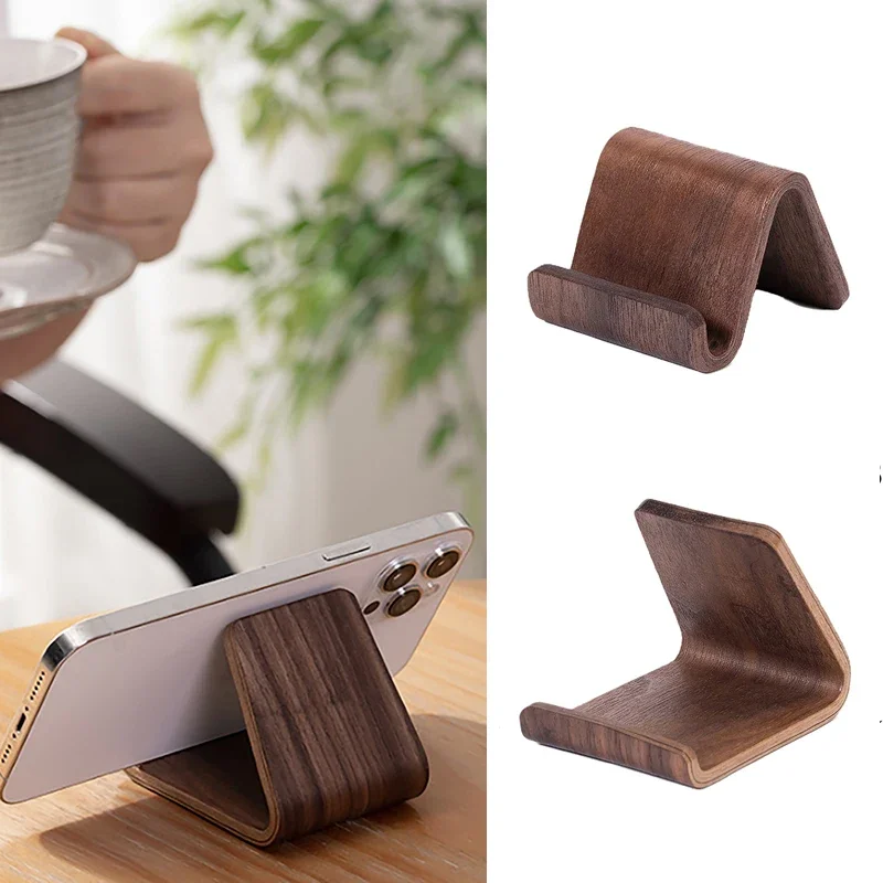 Multifunctional Solid Wood Phone Holder Black Walnut Front Desk Business Card Display Rack Home Office Desktop Decoration