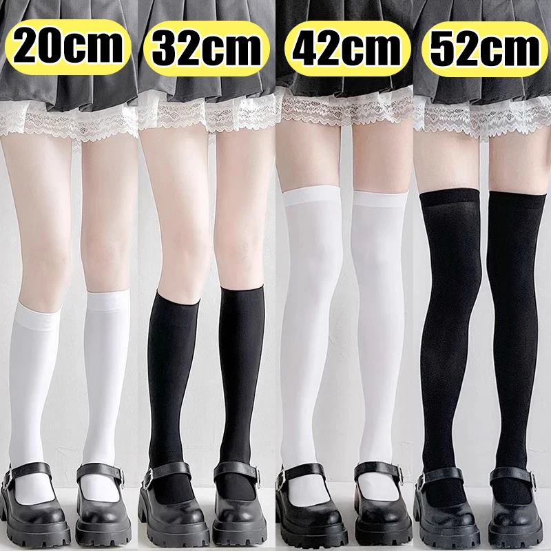 JK Women Black White Knee High Lolita Socks Lady Girls Over Knee Cute Long Sock Thin Breathable Solid Color Stockings For Women