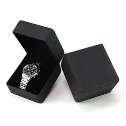Elegant PU Leather Single Watch Gift Box with Plush Pillow - Premium Display Case (Matte Black Red Line)
