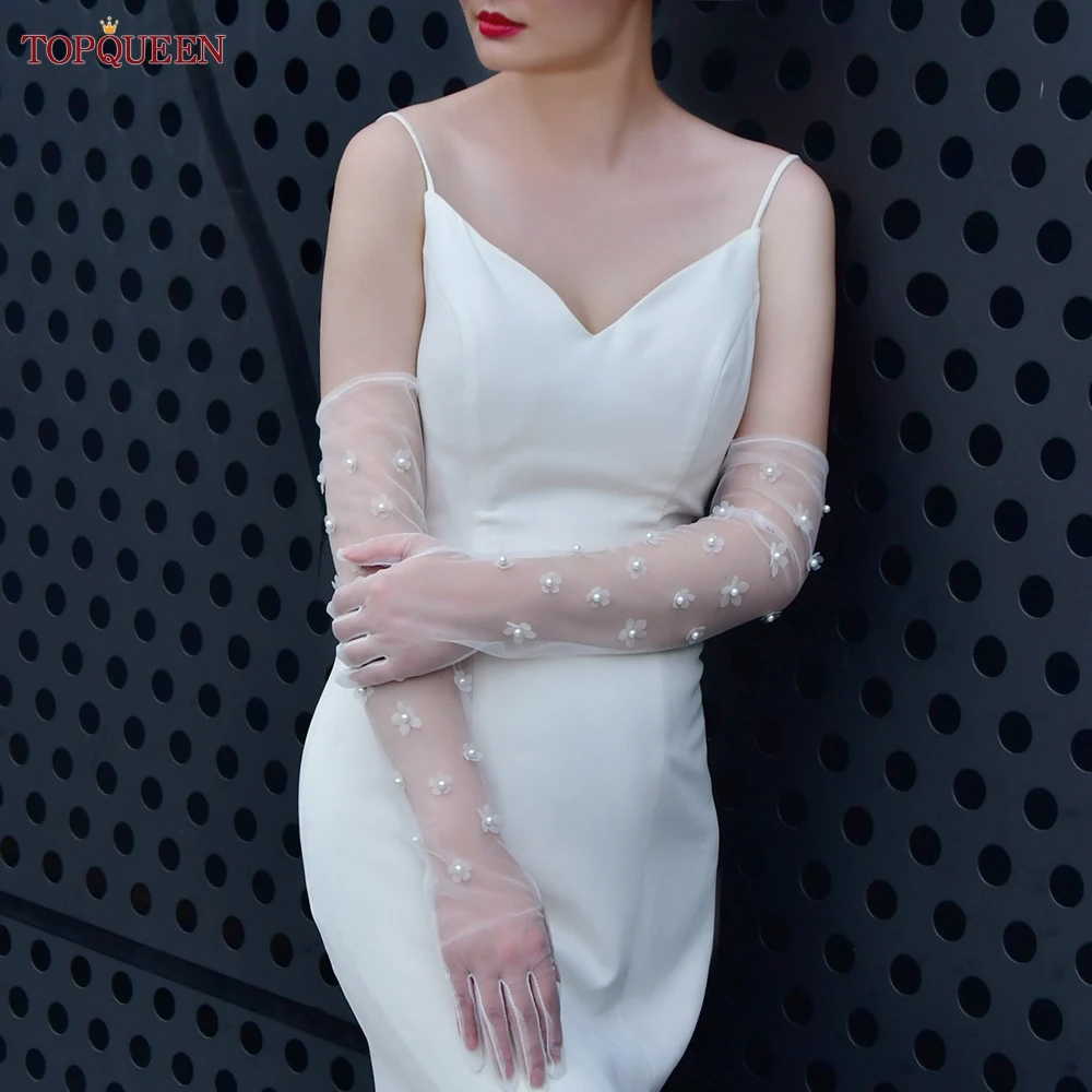 TOPQUEEN VM14 Elegant Bride Gloves Pearls Flower Wedding Gloves Elbow Length Bachelorette Party Accessories for Girlfrend DIY