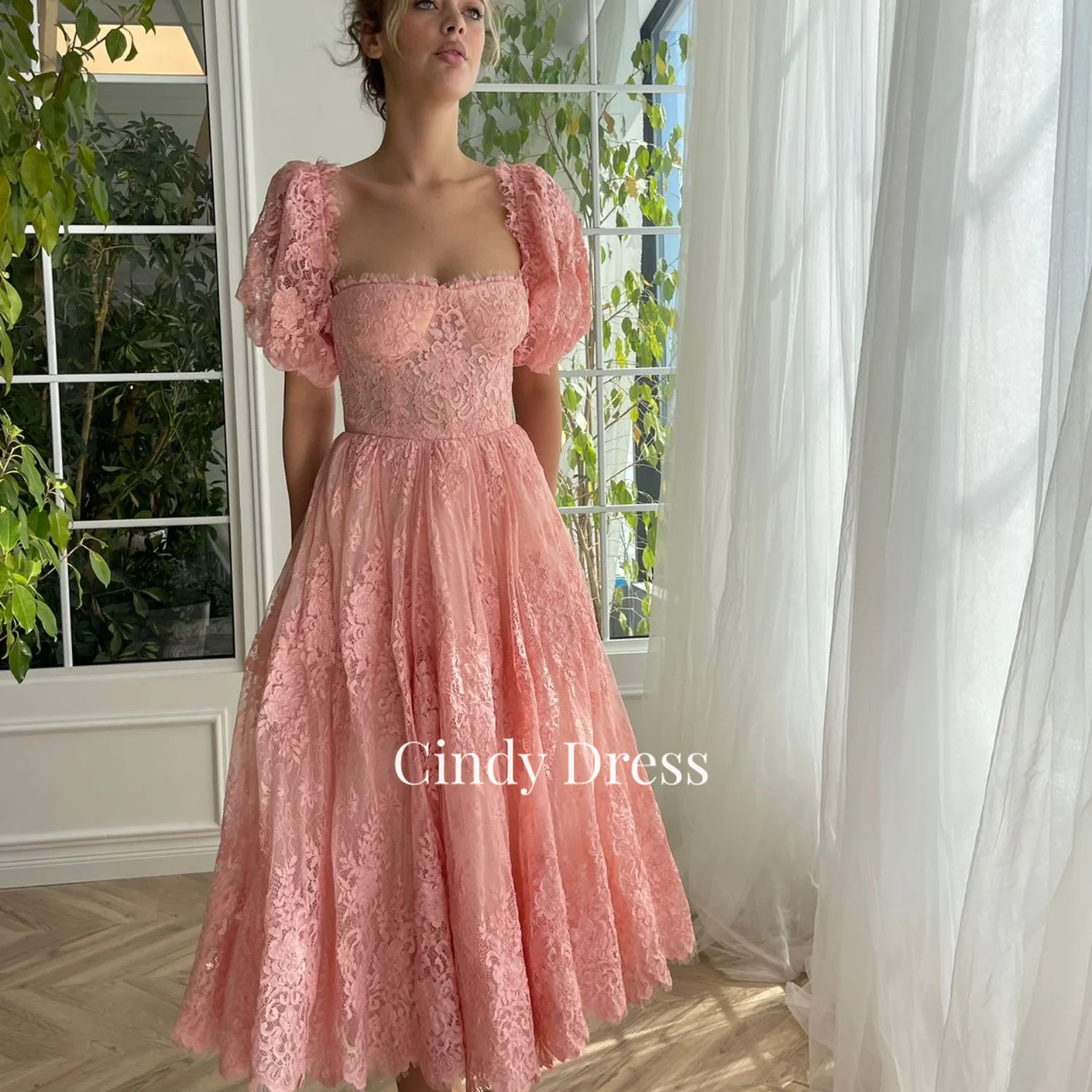 

Cindy Pink Lace A-line Puff Sleeves Prom Dresses Gala Dress Woman Bride Women Elegant Party Luxury Evening Weddings Luxurious