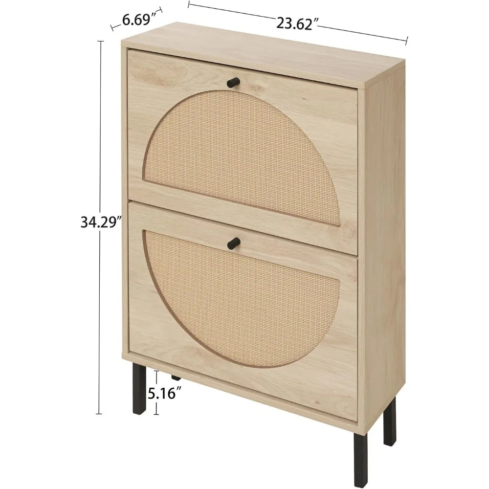 Rattan Shoe Cabinet with Flip Drawers, Narrow Hidden Entrance Hallway Free Standing Shoe Rack for Heels, Slippers 3