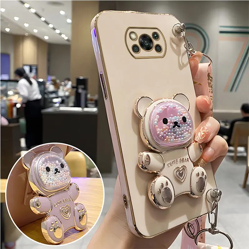 Quicksand Bear Holder Lanyard Phone Case with Strap Stand Cover