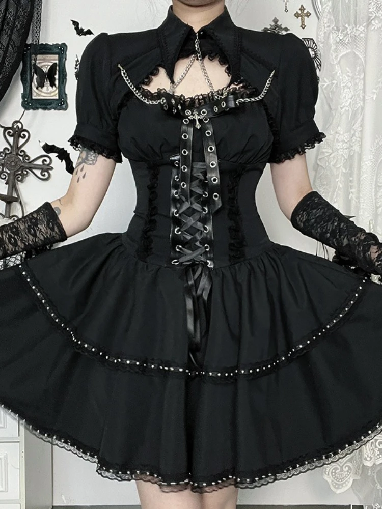 Y2k ノースリーブ 女性ヴィンテージ原宿 ジッパーミニドレス夏フリル