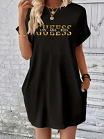 Ladies' summer loose GUEESS Los Angeles letter pattern print round neck short sleeved pocket comfortable casual plus size dress - Image 2