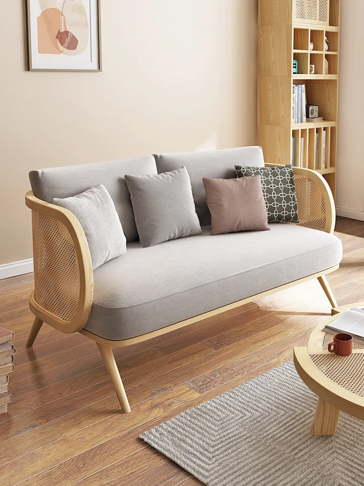 

Japanese solid wood rattan sofa, tea table, small family living room, double three-person combination