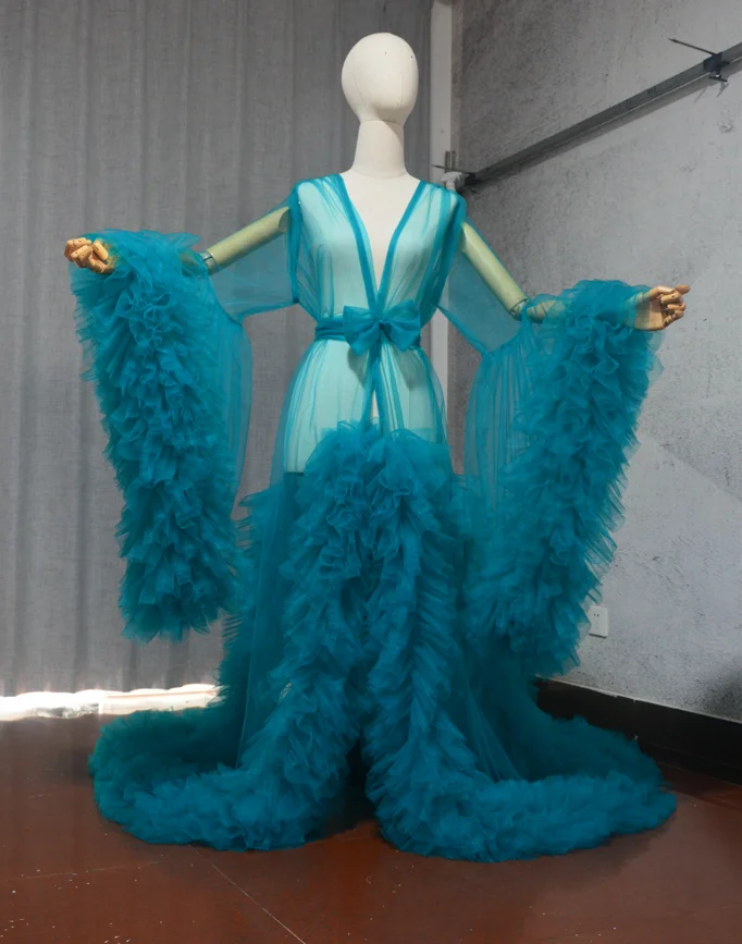 Sweet Girl Vintage Tulle Robe Perspective Sheer Tulle See Through Long Pink Dressing Gowns Fluffy Maternity Dress Photoshoot 4