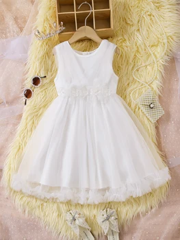 Girls summer simple generous gauze skirt fashion three-dimensional flowers round neck vest with zipper fit dress 1