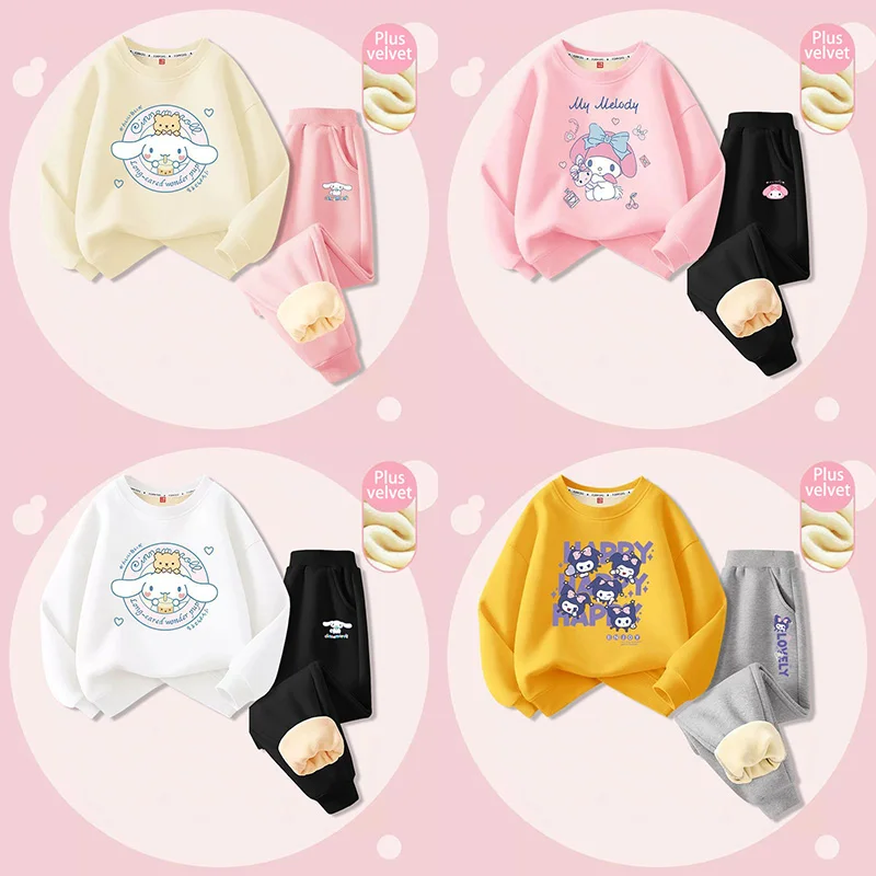 

2023 Winter Miniso Kids Fleece-Lined Clothing Cute Anime Kuromi My Melody Cinnamoroll Children's Tops Pants Set Korean Tracksuit