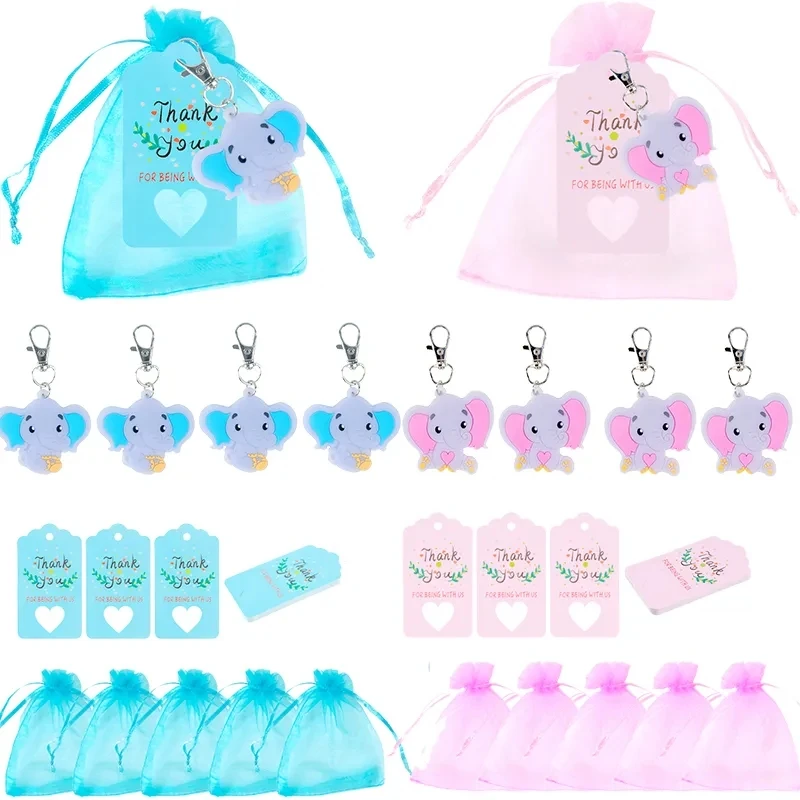 

10set Blue Pink Elephant Keychains Organza Bags and Thank You Tags for Baby Shower Party Favors Kids Birthday Party Guest Gift