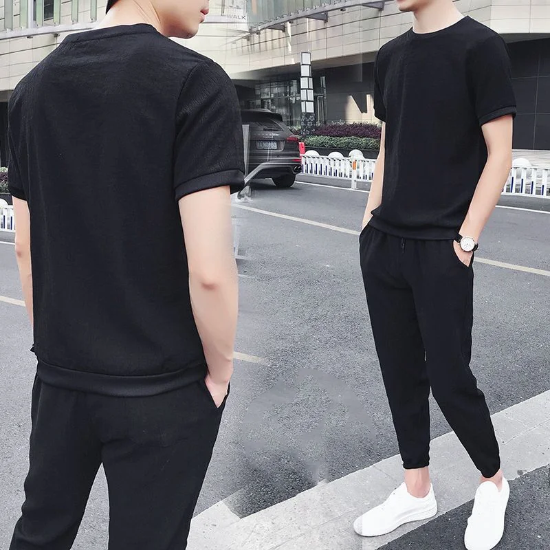 New Ice Shreds Men Summer Contrasting Colors Round Neck Motion Casual Short Sleeved Trousers Large Size Thin Style Two Piece Set