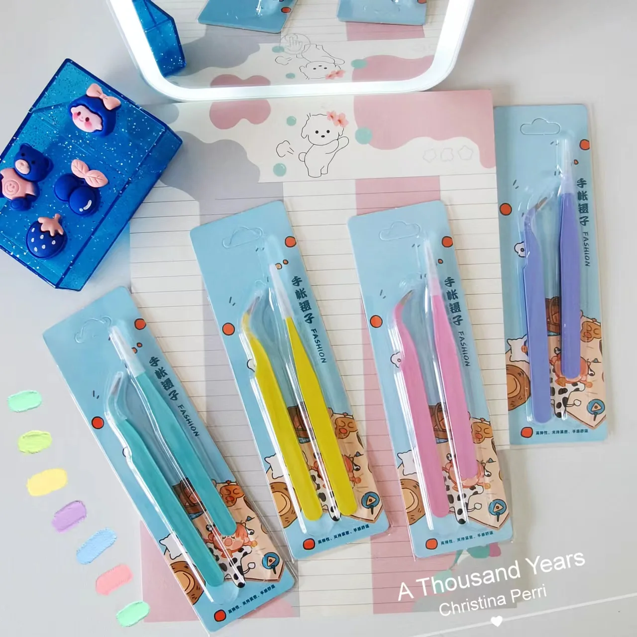 Stainless Steel Candy Color 2PCS Tweezers Tool For Beauty Salon DIY Steel Tweezers for Journal Scrapbooking Stickers DIY Tool 14 designs kawaii cute macarons creative stationery tweezers diy washi tape stickers gadget multi tool tweezers hand account